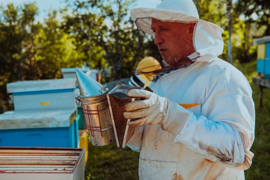 The beekeeper using smoke to calm the bees and begins to inspect the honey.