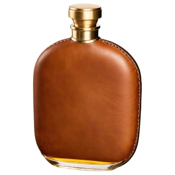 Rustic leather wrapped flask with a brass cap filled with a golden whiskey Mockup concept. Product isolated on transparent background