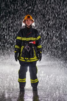 A determined female firefighter in a professional uniform striding through the dangerous, rainy night on a daring rescue mission, showcasing her unwavering bravery and commitment to saving lives