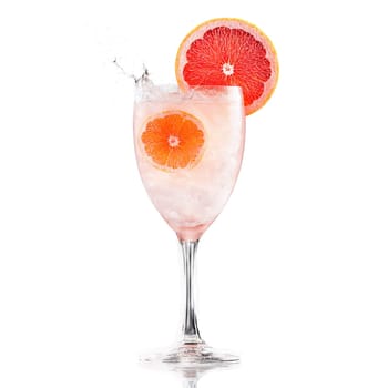 Paloma cocktail with grapefruit slice and soda splash frozen in midair Food and culinary concept. Food isolated on transparent background.
