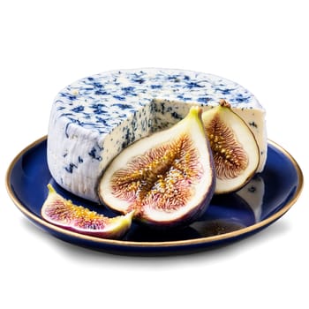 Bresse Bleu cheese soft round with blue veins paired with fresh figs and wildflower honey. Food isolated on transparent background