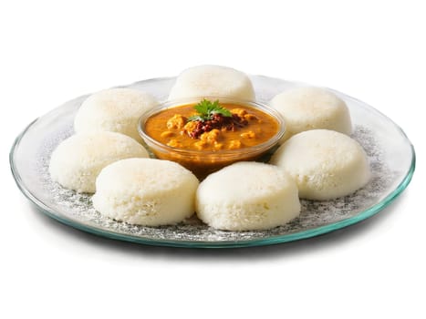 Idli Soft fluffy idlis steamed rice cakes served with a side of sambar and chutney. Food isolated on transparent background.