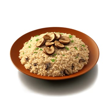 Mushroom risotto creamy arborio rice with sliced shiitake and oyster mushrooms isolated on transparent Food. Food isolated on transparent background.