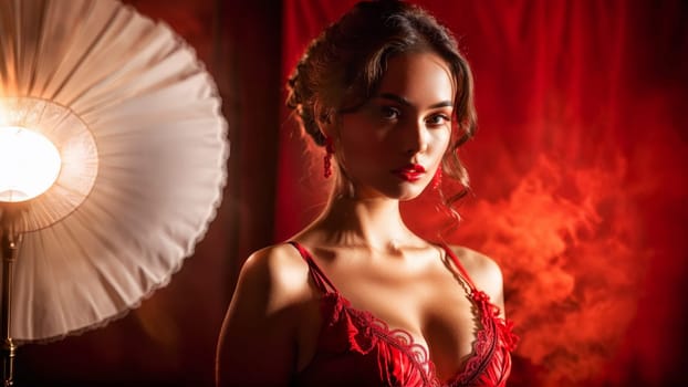 Model in fiery red lingerie warm and intense lighting passionate and powerful expression smoky backdrop.