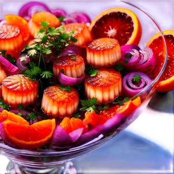 Tangy ceviche bowl with citrus marinated scallops blood orange red onions and micro cilantro in. close-up food, isolated on transparent background