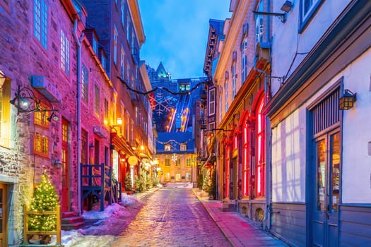 Quebec City skyline with Funicular, cityscape of Canada  at sunset