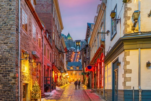 Quebec City skyline with Funicular, cityscape of Canada  at sunset