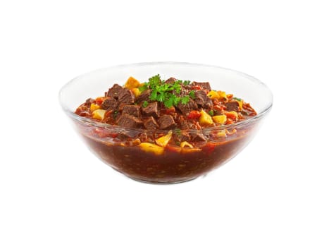 Goulash Hungarian stew with beef and paprika served in a transparent glass bowl hearty. Food isolated on transparent background.