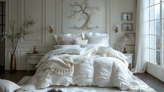 A cozy bedroom in a grey house with wooden flooring, featuring a comfortable bed frame and a window showcasing a tree on the wall