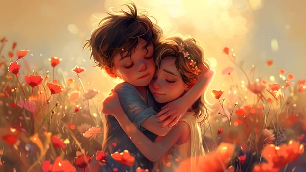 In a field of orange flowers, a boy and a girl are smiling and hugging, surrounded by petals. The sunlight adds a warm glow to their happy gesture, capturing a beautiful moment in nature