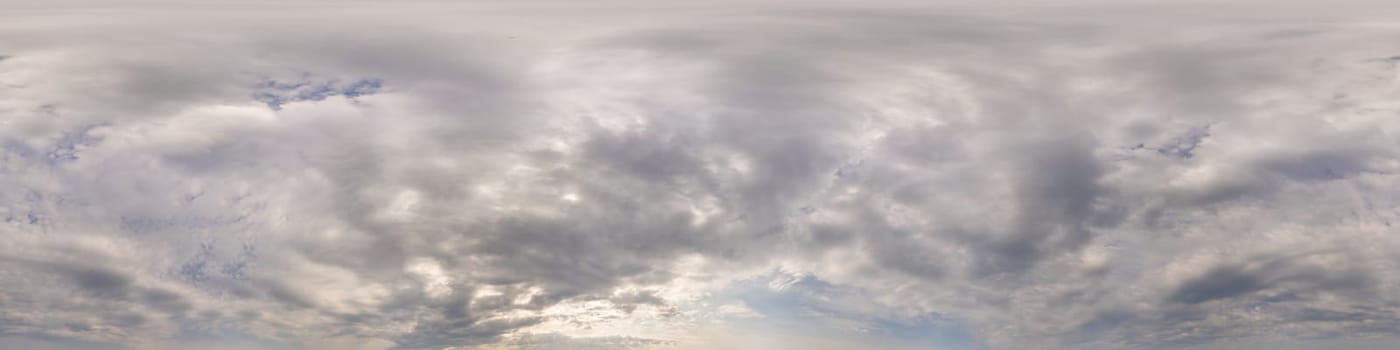 Sky panorama on overcast rainy day with low clouds in seamless spherical equirectangular format. Complete zenith for use in 3D graphics, game and for aerial drone 360 degree panorama as a sky dome.