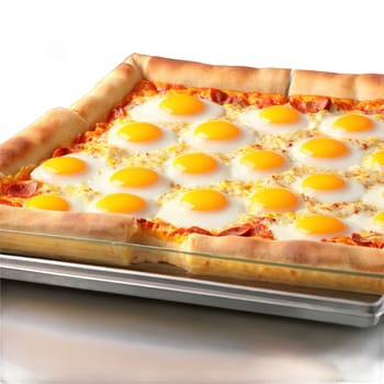 Breakfast pizza cheesy slice in glass tray egg yolk oozing Food and Culinary concept. Food isolated on transparent background.