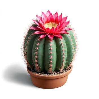 Moon Cactus small round red cactus grafted onto a green base in a small white. Plants isolated on transparent background.