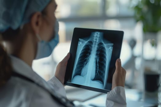 a doctor hands holding digital tablet with chest x-ray film in hospital..