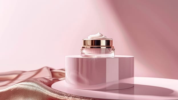 Cosmetic cream in a glass jar on a pink background. Skin care concept. Backdrop for beauty products