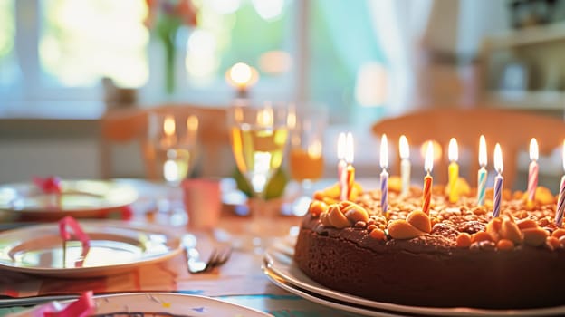 Birthday cake with candles and flowers on the table. Selective focus.