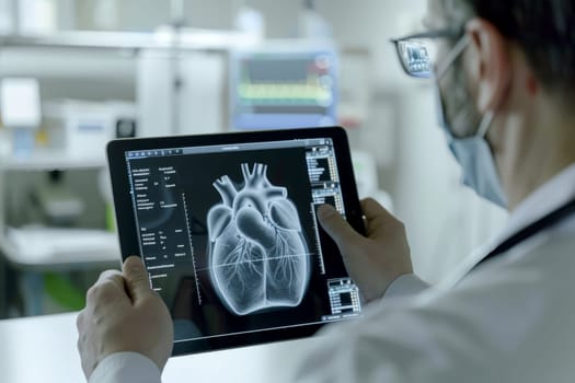 a doctor hands holding digital tablet with heart x-ray film in hospital..