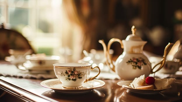 Elegant table setting for tea party with cakes and cupcakes in English manor. Selective focus. Vintage style