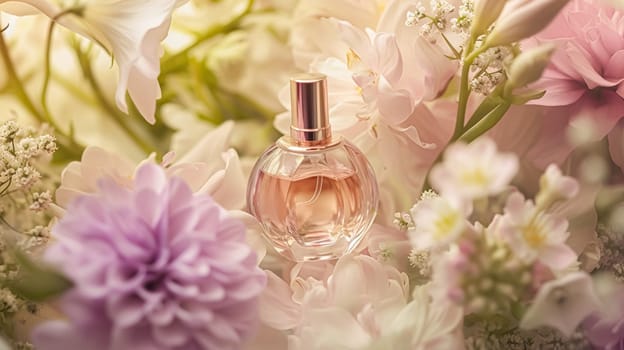 Perfume bottle with beautiful flowers. Floral background. Beauty concept. Flat lay, top view.