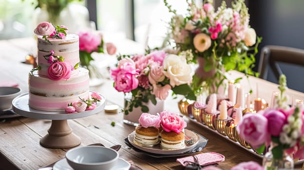 Birthday cake with candles and flowers on the table. Selective focus.