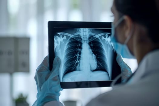 a doctor hands holding digital tablet with chest x-ray film in hospital..