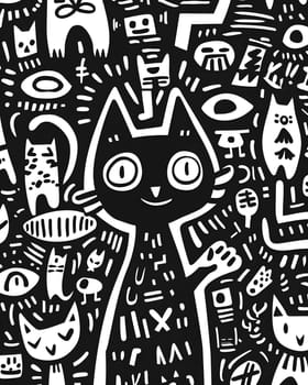 A blackandwhite seamless pattern featuring cats on a black background. This Vertebrate organism is depicted in a stylish black and white painting style, perfect for cat lovers