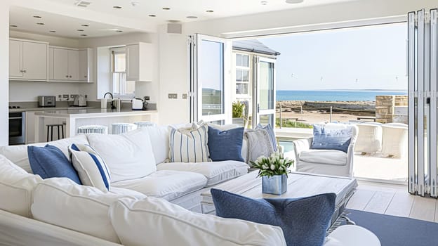 Interior of a living room with white walls, sofa and cushions. Sitting room in coastal cottage with sea view. Luxury lounge room