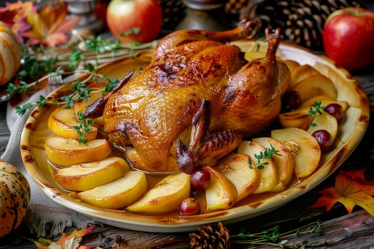 Festive Thanksgiving Table with Roasted Duck and Apples..