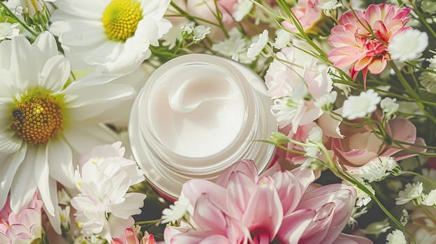 Cosmetic branding, toiletries and skincare concept. Face cream moisturizer jar on floral background, moisturizing skin care lotion and lifting emulsion, anti-age cosmetics for luxury beauty brand
