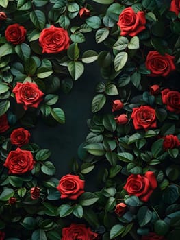 A stunning arrangement of red hybrid tea roses with vibrant green leaves set against a striking black background, showcasing the beauty of this flowering plant