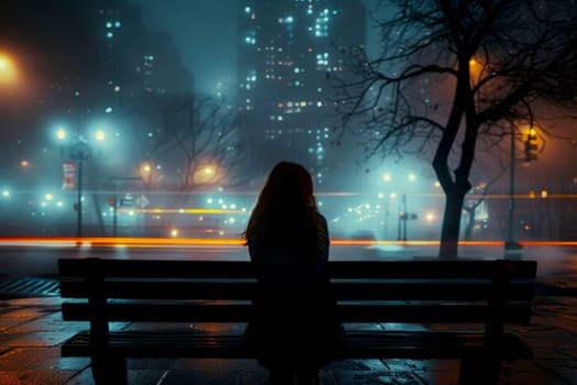 woman sitting on public bench in the Night Reflections in the City..