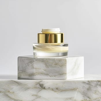 Face cream in a glass jar on a white and gold background. Skin care concept. Backdrop for beauty cosmetic products