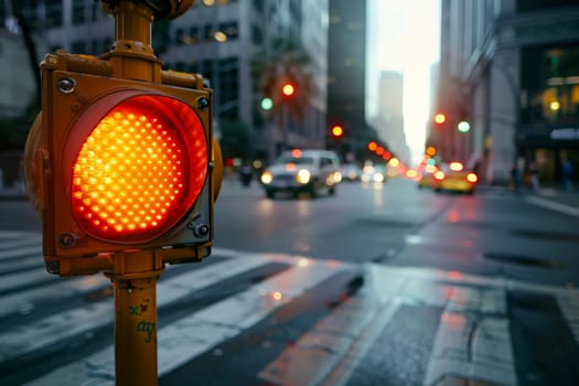 Blurred Cityscape with walking Traffic Light in Urban Evening Scene..