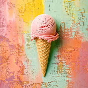 Scoops of ice cream in a waffle cone on a colorful background