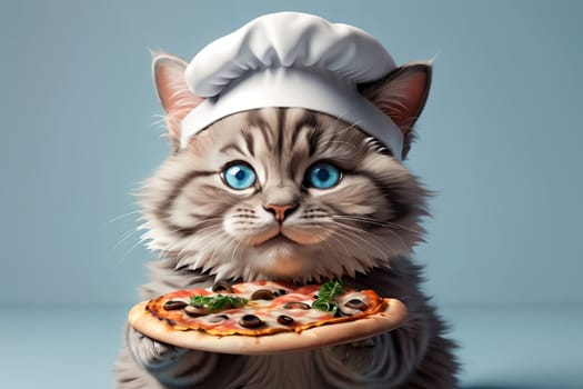 Professional chef, cute cat in a chef's hat prepares pizza .