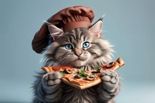 Professional chef, cute cat in a chef's hat prepares pizza .