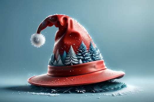 New Year's holiday hat in the snow, isolated on a blue background. New Year card .