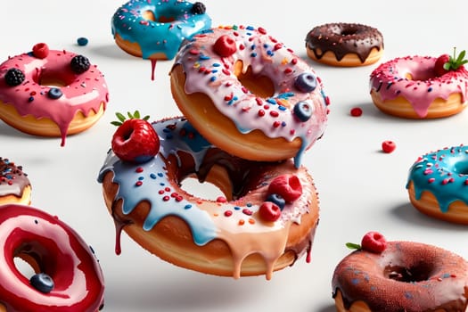 delicious bright sweet donuts with colored glaze and berries .