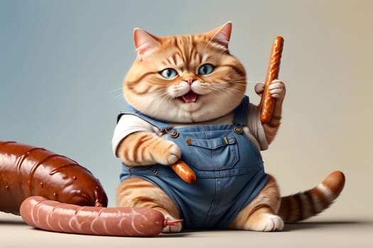 cute happy cat with delicious fresh sausage .