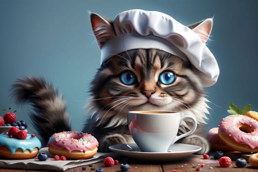 professional cat chef with colored sweet donuts, donuts in sweet glaze .