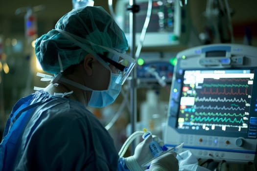 a doctor performing surgery in an operating room with Healthcare Professional Monitoring Vital Signs in Operating Room.