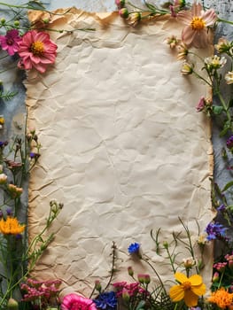 A piece of paper is adorned with botanical elements flowers, petals, and vegetation. It sits on a table as part of a floral arrangement, enhancing the landscape with its groundcover