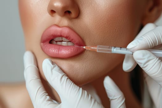 A woman is receiving a Botox injection on her lips with hyaluronic acid filler..