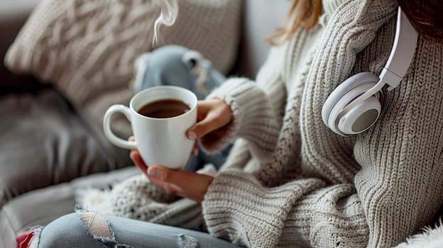 a relax woman hold white cup of coffee for mock up to wearing headphone..