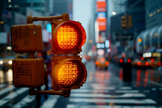 Blurred Cityscape with walking Traffic Light in Urban Evening Scene..