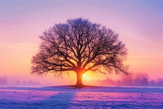 a lonely oak tree on a sunset winter with a beautiful sky background landscape. AI generated.