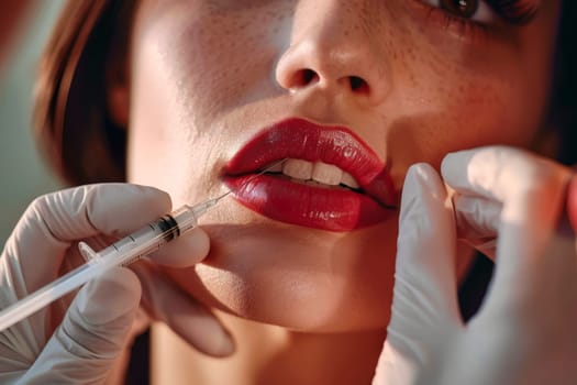 A woman is receiving a Botox injection on her lips with hyaluronic acid filler..