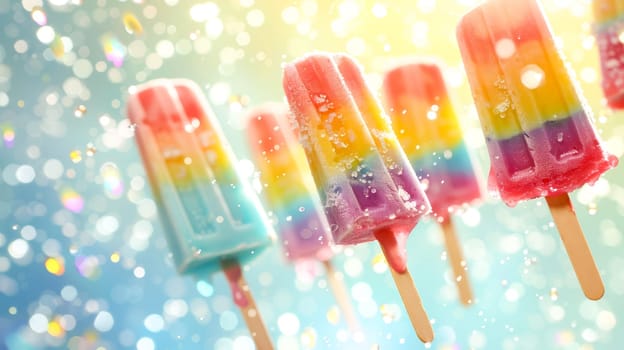 Multi-colored popsicles on a hot day against the background of a magical sky. Summer food concept.