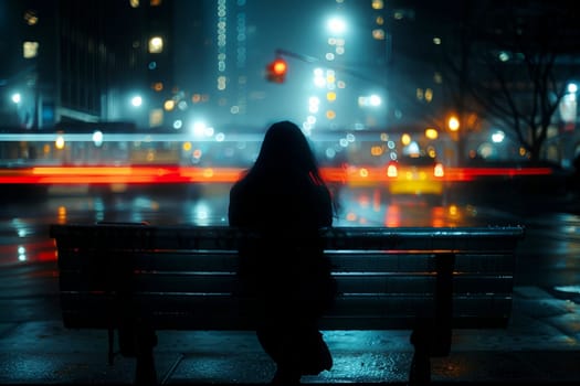 woman sitting on public bench in the Night Reflections in the City..