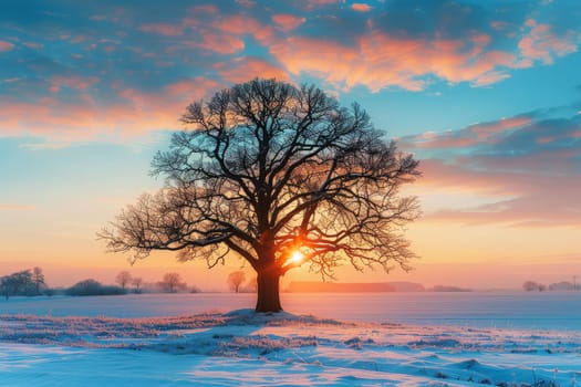 a lonely oak tree on a sunset winter with a beautiful sky background landscape. AI generated.